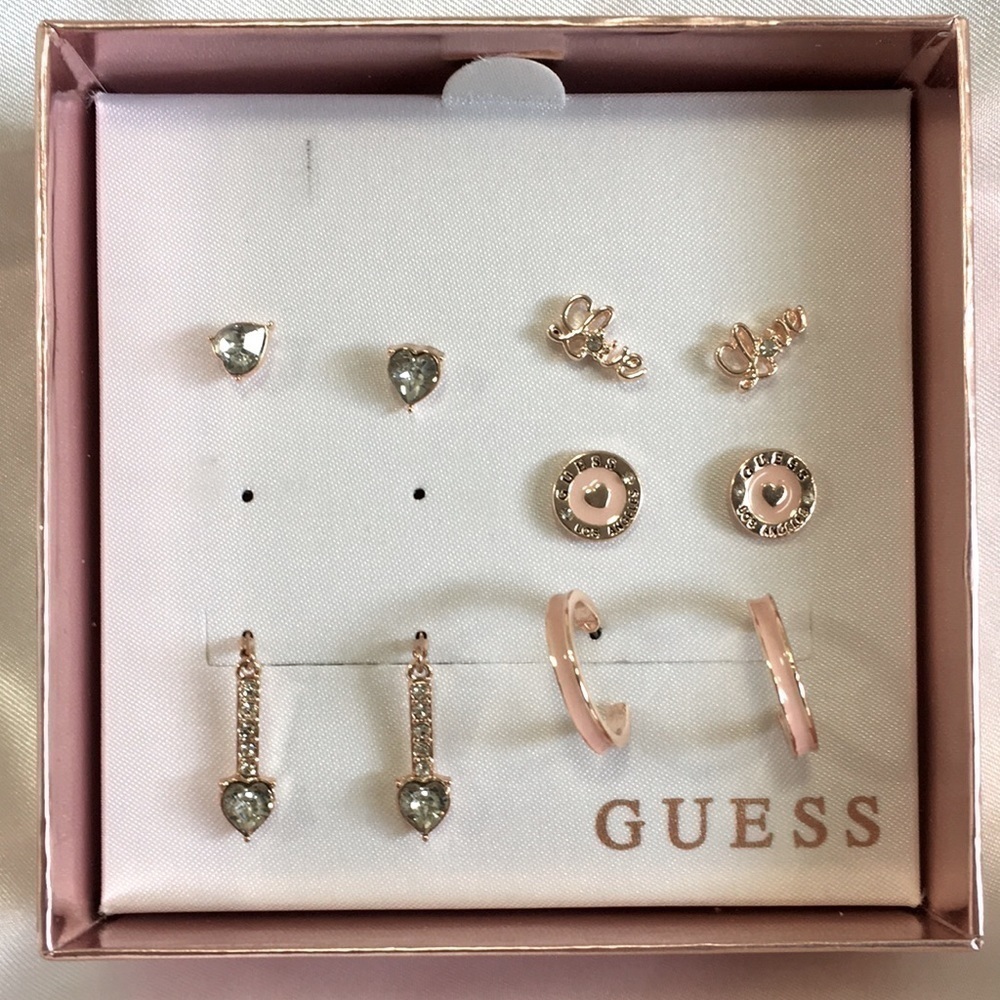 GUESS Rose Gold Pink Earring Box Set 5 Pairs Studs Hoops New